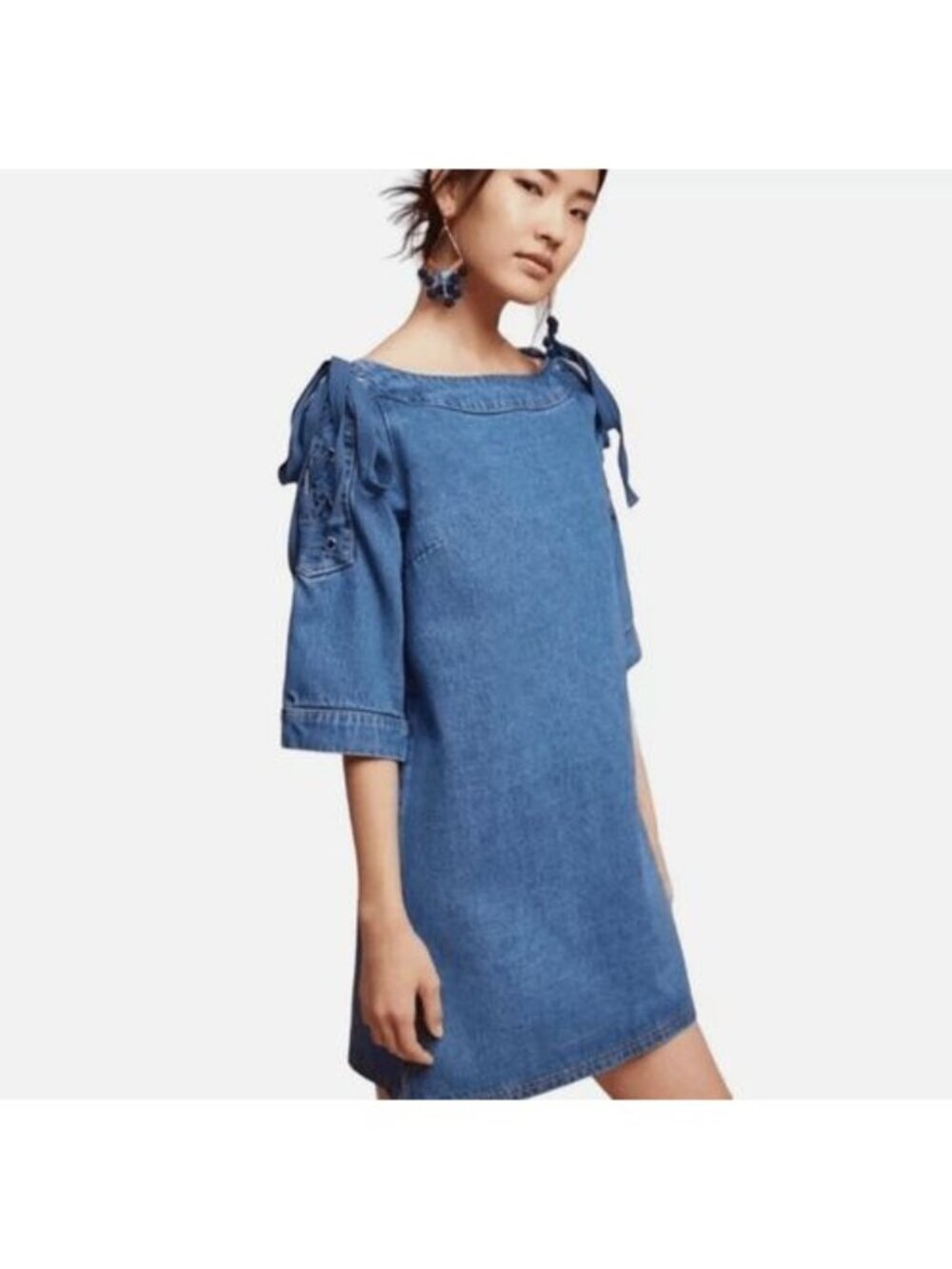 Anthropologie Maeve Denim Laced-Open-Shoulder Dress Medium 100% Cotton Casual